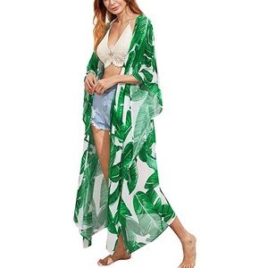 Palm Leaf Kimono Cardigan Open Front Maxi Length